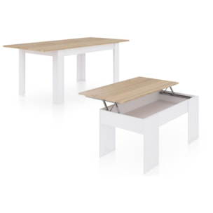 Pack mesa de comedor 123 y mesa de centro Vita Blanco Artik (Blanco Mate) - Roble Canadian