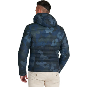 Piumino in pelle mimetica blu con cappuccio