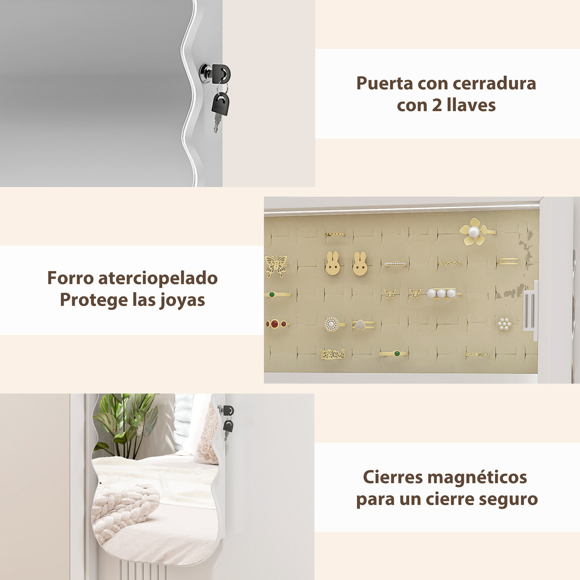 Espejo Joyero con Luz LED de 3 Colores, Armario Joyero Montado en la Pared o en la Puerta, Armario para Joyas con Cerradura, Espejo Entero, Diseño Ondulado, Blanco