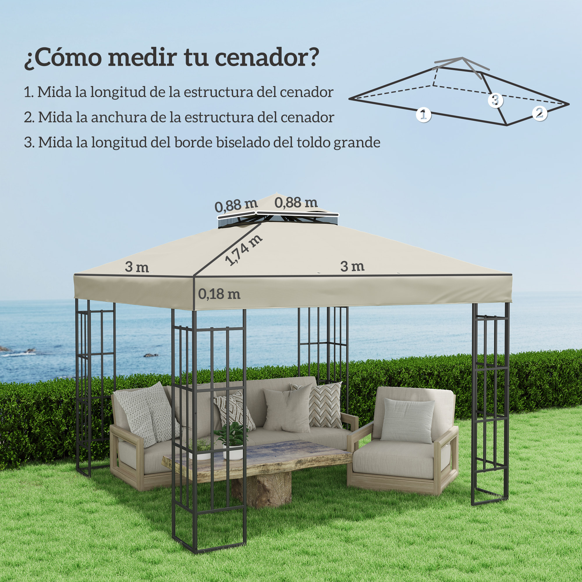 Techo de Repuesto para Cenador 3x3 m Cubierta de Repuesto 370g/㎡ con Techo Doble con Mosquitera Protección UV 30+ Toldo de Recambio para Pabellón Gazebo Crema