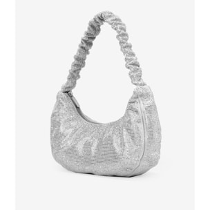 Bolso de hombro plateado con brillantes y asa con pliegues