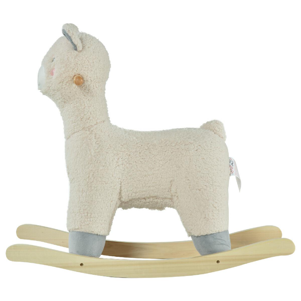 Cheval à bascule modèle lama fonction vocale bois peuplier peluche douce crème