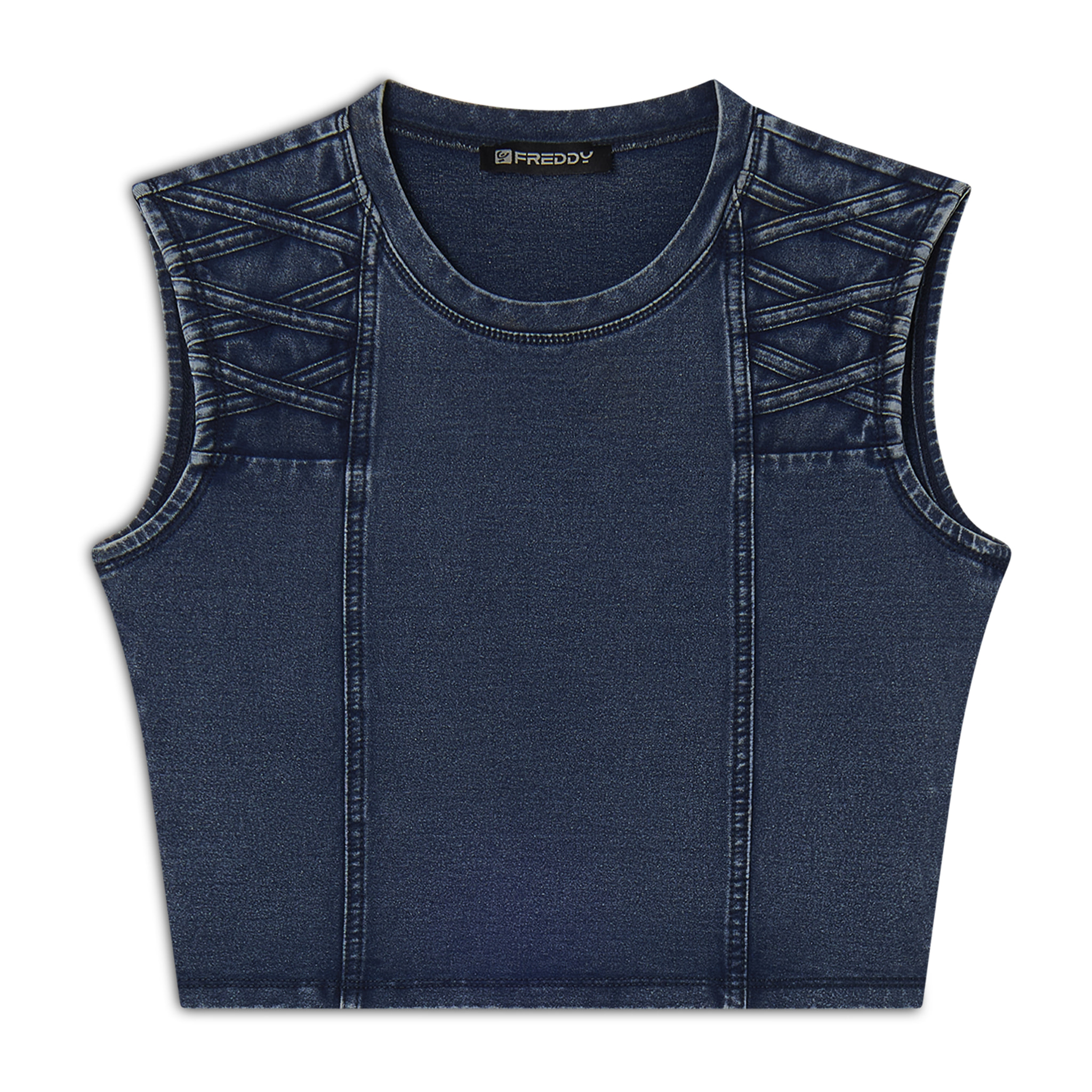Top cropped effetto denim decorato sulle spalle