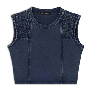 Top cropped effetto denim decorato sulle spalle