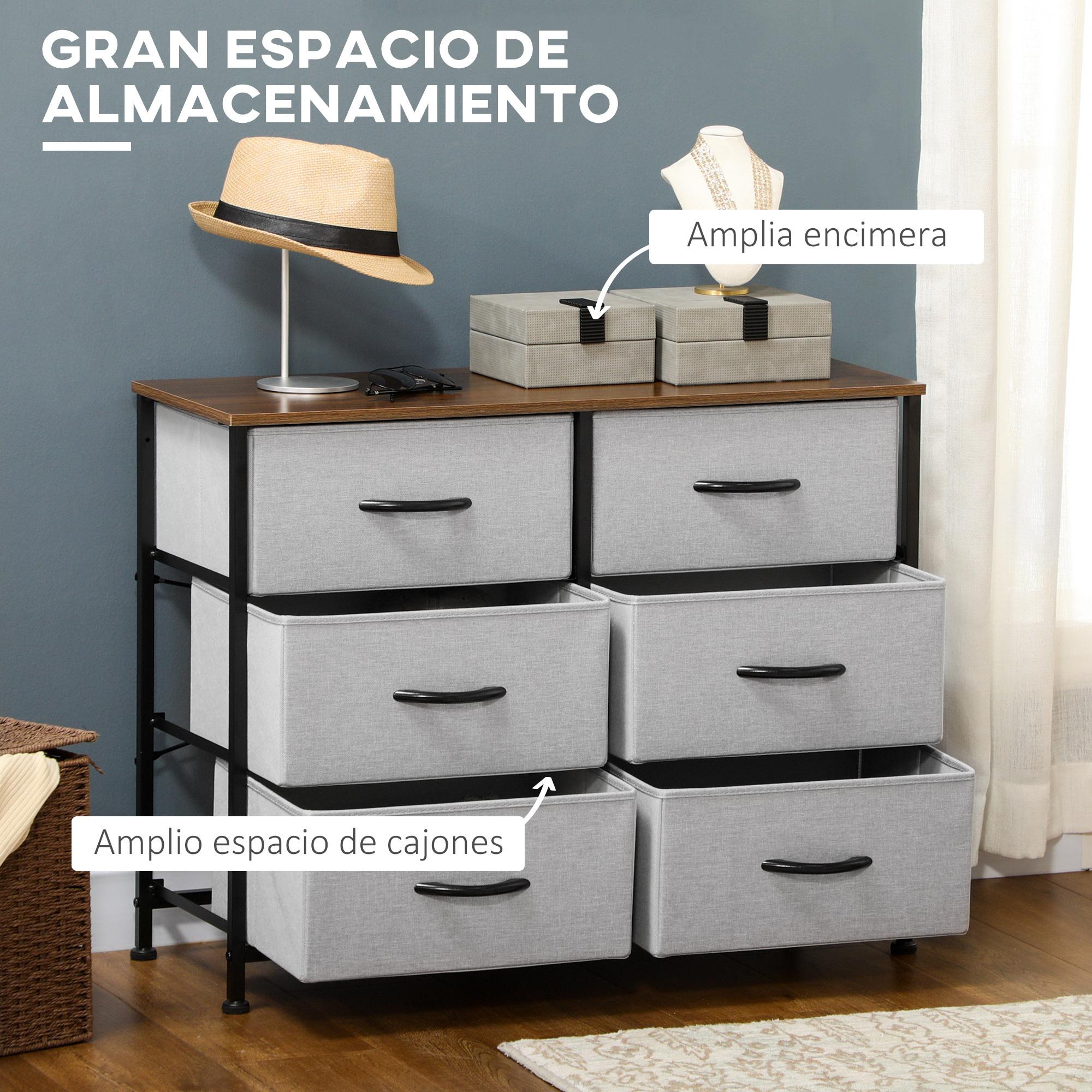 Cómoda Moderna Cajonera con 6 Cajones de Tela Plegable para Dormitorio Marco de Acero y Almohadillas Ajustables para Salón Recibidor 80x30x62,5 cm Gris y Marrón