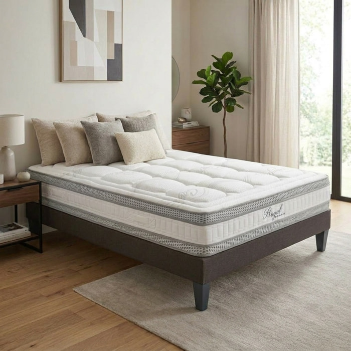Matelas Royal 5*, 24 cm Mémoire de Forme & Mousse Hypersoft, Soutien Medium, Aération Optimale
