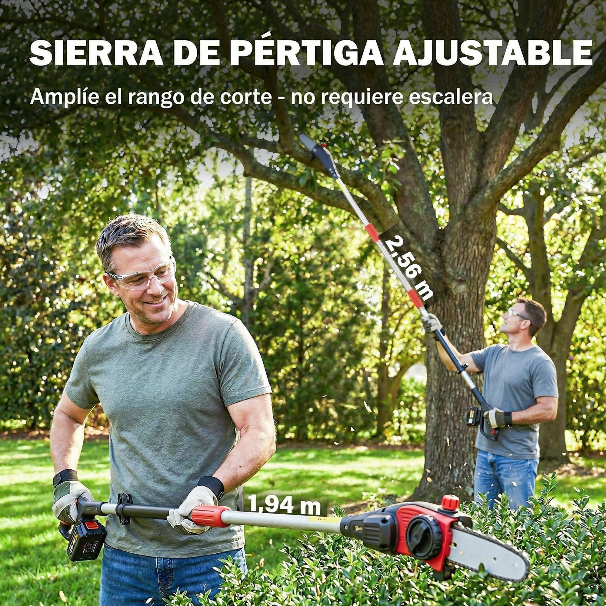 Motosierra de Batería Extensible 1,94-2,56 m, Motosierra Eléctrica con Motor 300 W, 2 Baterías 4,0 Ah, Cargador, Doble Bloqueo, Lubricación Automática, Correa, 6 m/s, para Podar Árboles