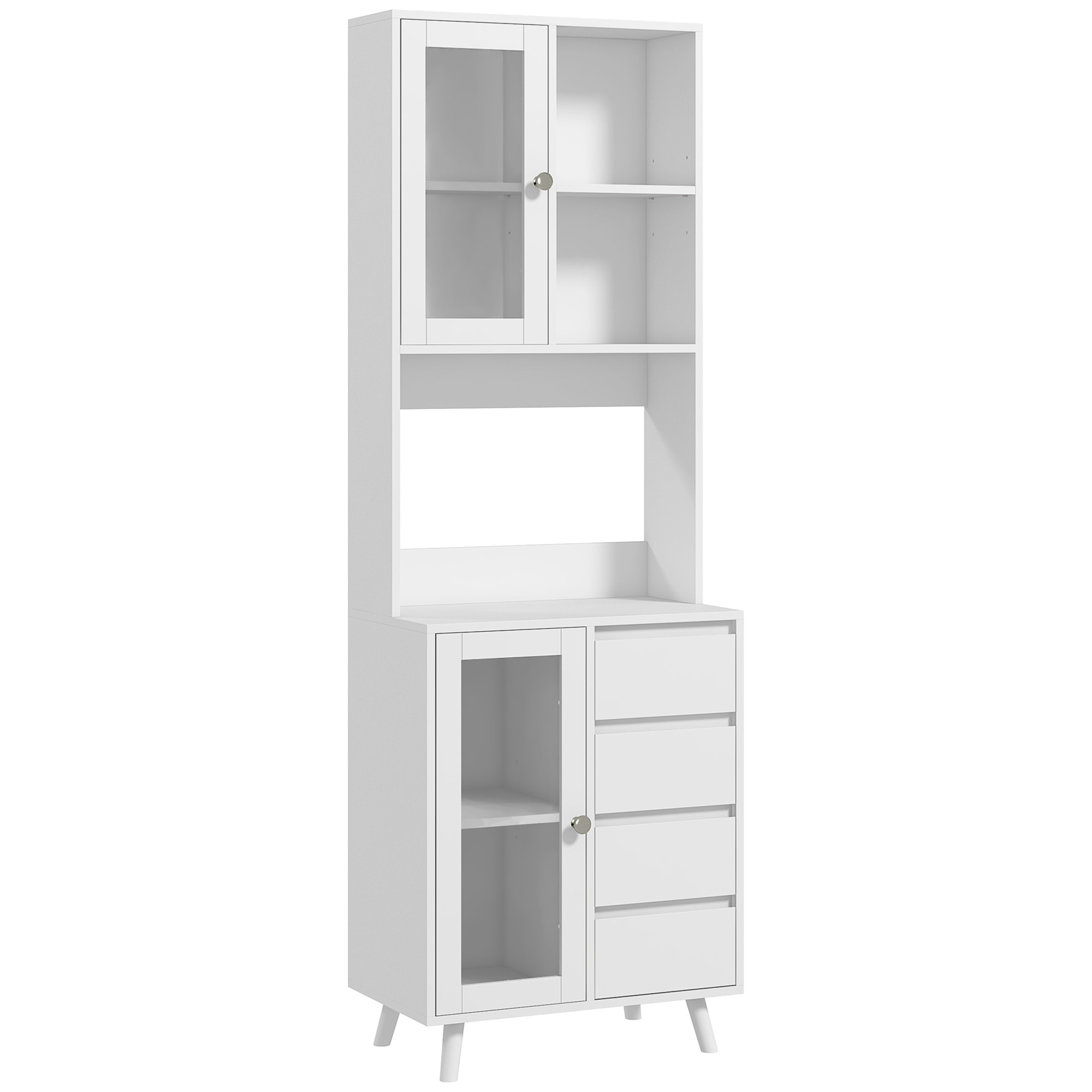 Alacena de Cocina Armario de Cocina Buffet Aparador con 2 Puertas de Vidrio Compartimentos Abiertos 4 Cajones y Estantes Ajustables 60x35x180 cm Blanco