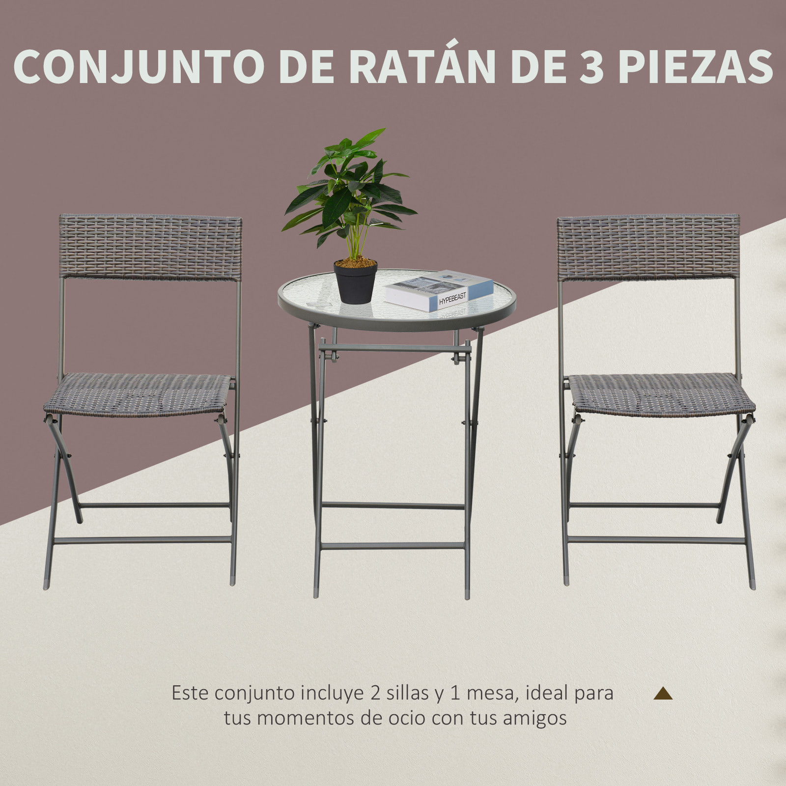 Conjunto de Mesa y 2 Sillas Muebles Ratán para Jardín Exterior Patio Terraza