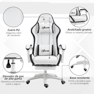 Silla Gaming Silla Gamer Racing de Cuero PU con Altura Ajustable Reclinable 135° Reposacabezas y Reposapiés Retráctil para Oficina Estudio 65x65x121-129 cm Blanco