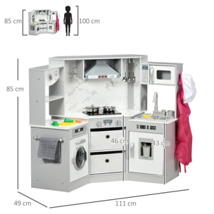 Cuisine pour enfant jeu d'imitation nombreux accessoires rangements évier réfrigérateur hotte lave-linge gris blanc