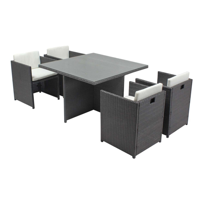 Table et chaises 4 places encastrables en résine gris-blanc REGINA