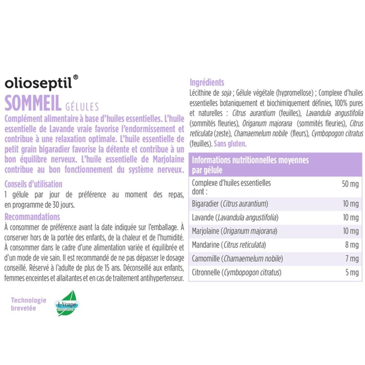 OLIOSEPTIL - Gélules Sommeil - Aide à l'endormissement - Contribue à un sommeil réparateur - Participe à la détente et la relaxation - Aux Huiles Essentielles - Sans Gluten - 30 gélules végétales