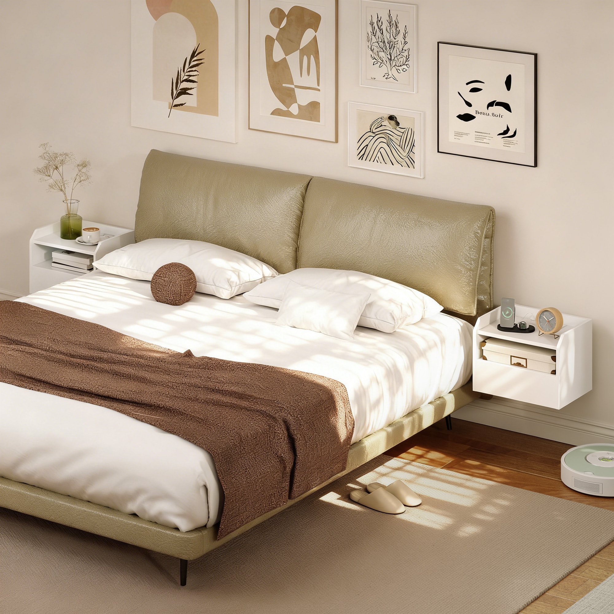 Juego de 2 Mesitas de Noche Flotantes con Estación de Carga, Mesillas de Noche Dormitorio, Cajón, Estante Abierto, Montado en la Pared, Estilo Moderno, para Sala de Estar, 40x29x29 cm, Blanco