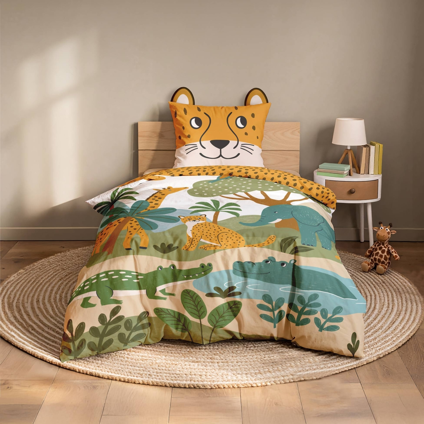 Parure de lit enfant 2 pièces 100 % coton imprimé animaux de la jungle housse + taie - Jaune
