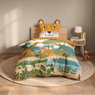 Parure de lit enfant 2 pièces 100 % coton imprimé animaux de la jungle housse + taie - Jaune