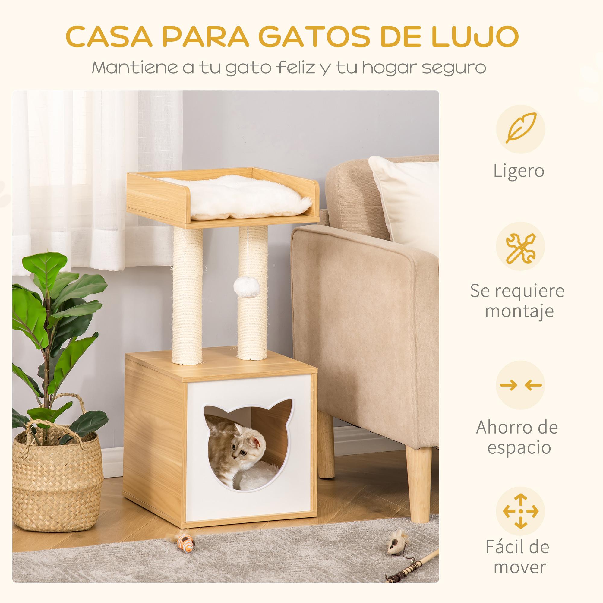 Árbol para Gatos de 2 Niveles con Cueva Cama Superior Postes Rascadores de Sisal Natural Cojines Lavables y Bola de Juguete 35x35x81 cm Roble y Blanco