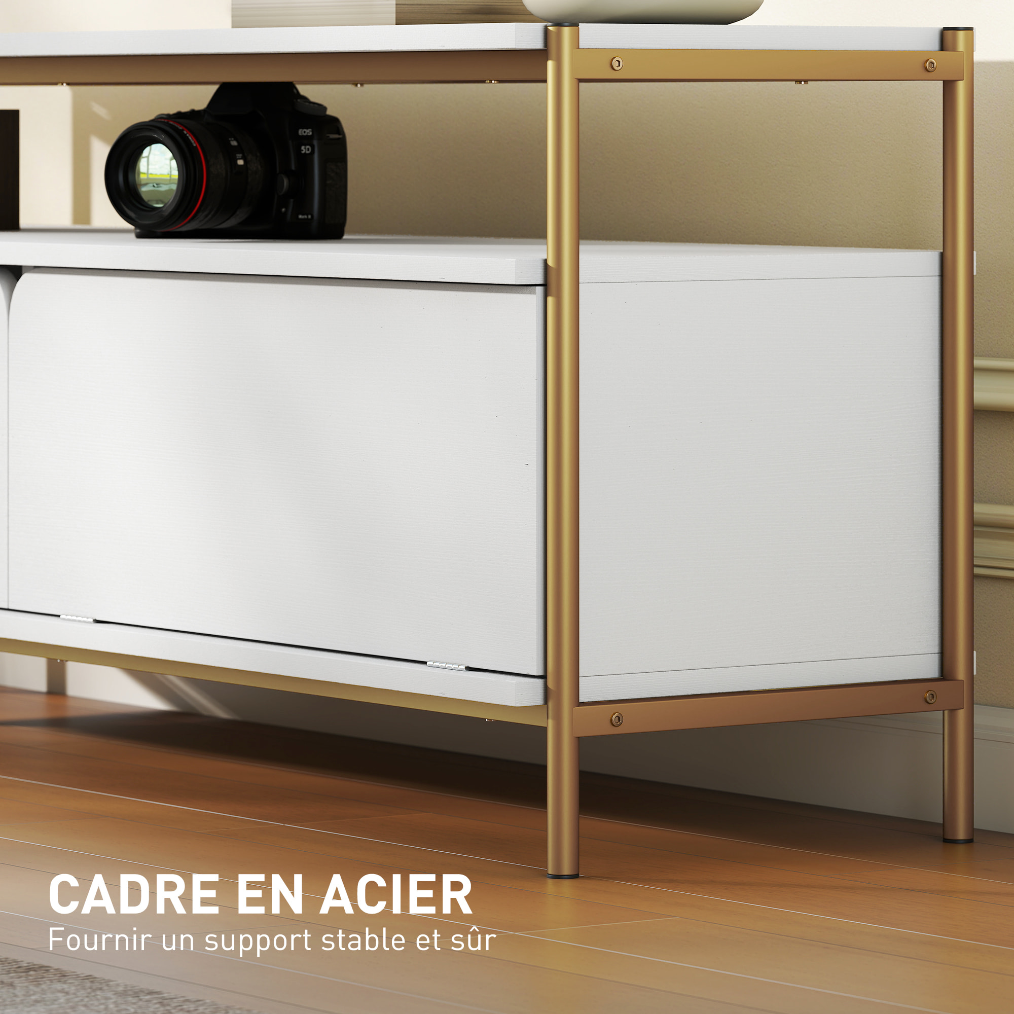Meuble TV design Art déco 2 portes battantes étagère dim. 124 x 35 x 50 cm acier doré effet bois blanc