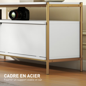 Meuble TV design Art déco 2 portes battantes étagère dim. 124 x 35 x 50 cm acier doré effet bois blanc