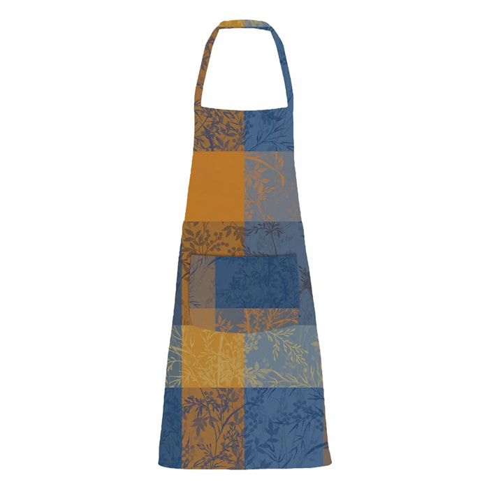 Tablier pur coton enduit 220 g/m² motif jacquard bleu brun Mille branchages crepuscule