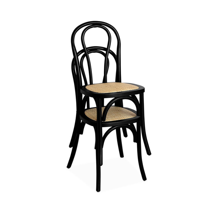 Lot de deux chaises vintage en bois avec assise en rotin et dossier arrondi coloris noir