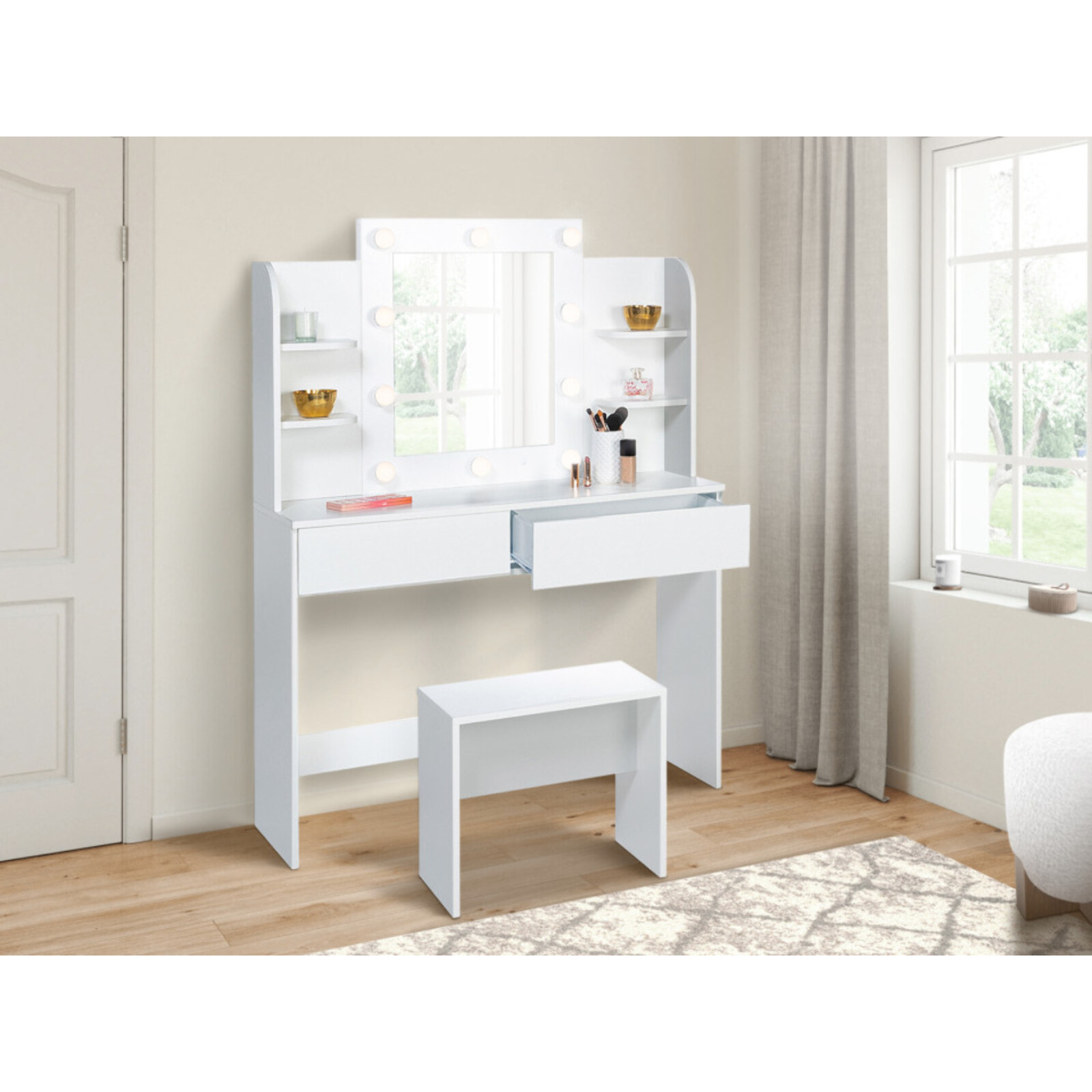 Coiffeuse Zita blanche double étagères, miroir LED et tabouret
