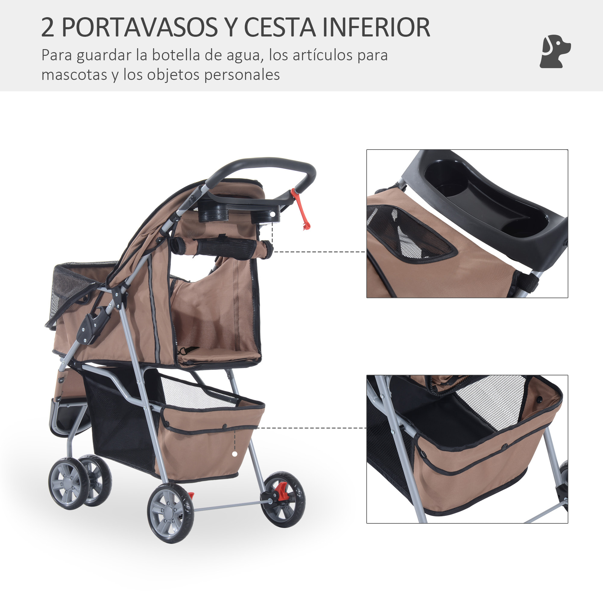 Cochecito Plegable con Ruedas 360º de Oxford 75x45x97cm Café