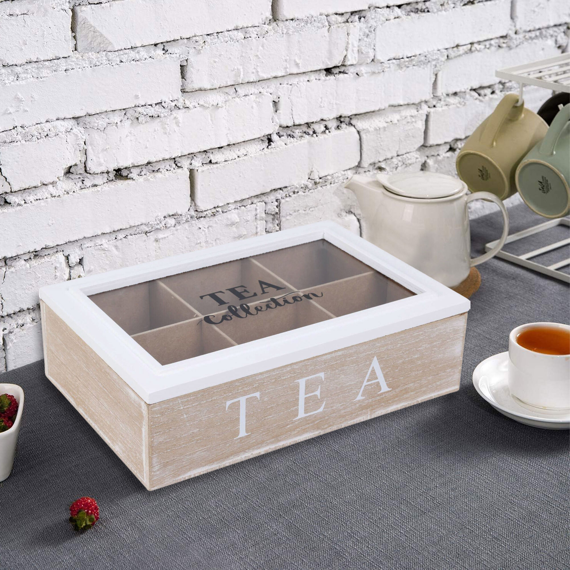 WELL HOME - Caja de té de 6 compartimentos con tapa de vidrio en MDF blanco
