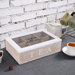WELL HOME - Caja de té de 6 compartimentos con tapa de vidrio en MDF blanco