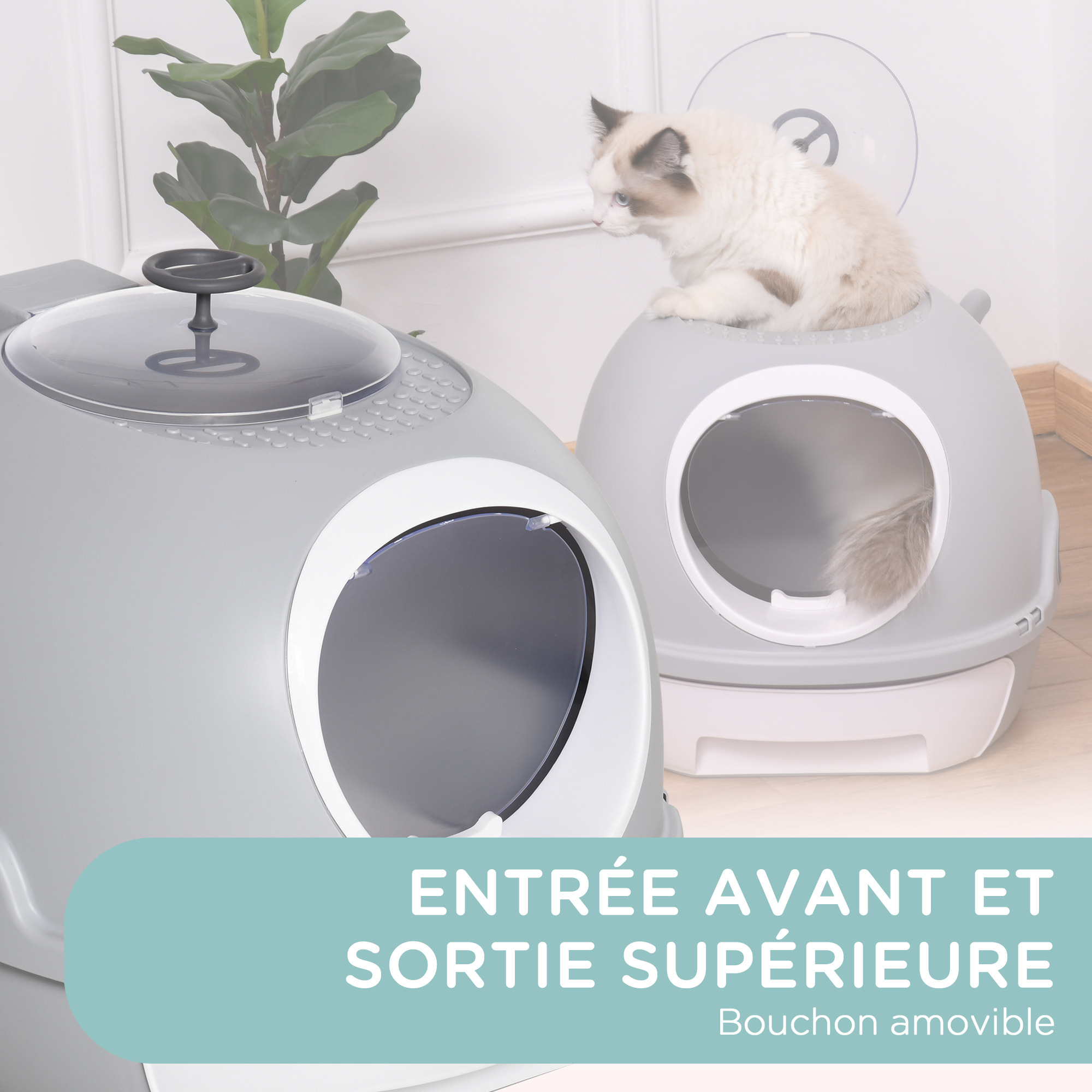 Maison de toilette portable pour chat tiroir à litière coulissant porte battante lucarne + pelle fournis dim. 47L x 55l x 44H cm gris