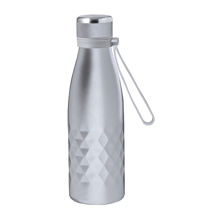 Bidón térmico de 550 ml de capacidad en acero inox de doble pared, con tapón a rosca y asa a juego en silicona.