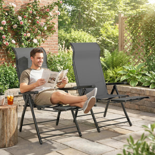Pack de 2 Sillas Plegables Reclinables, Sillas de Jardín Exterior con Respaldo Alto Curva Ajustable en 5 Posiciones, Reposapiés Retráctil y Marco de Metal, para Patio, Playa, Gris Oscuro