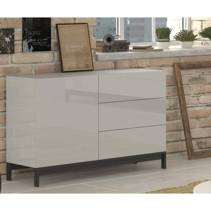 Credenza moderna a 1 anta e 3 cassetti, Made in Italy, Madia da cucina, Buffet di design da soggiorno, con piedini, cm 110x40h47, colore Bianco lucido