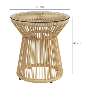 Mesa Auxiliar de Ratán Sintético Mesa de Centro Redonda con Tablero de Vidrio Templado y Marco de Metal Carga 30 kg para Patio Jardín Balcón Ø40x42 cm Beige