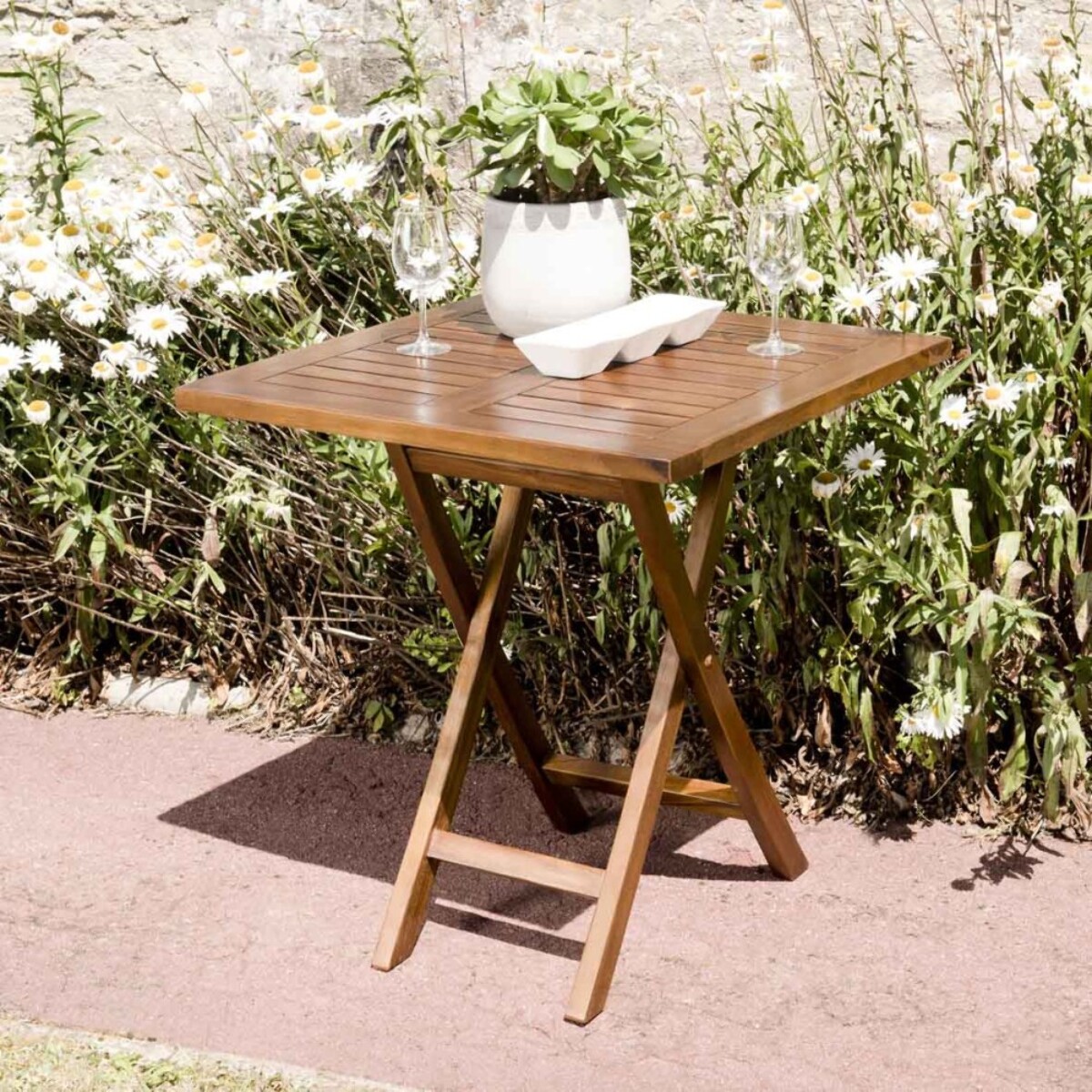 MAEVA - Table de jardin 2 personnes - carrée pliante 70x70cm en bois teck huilé