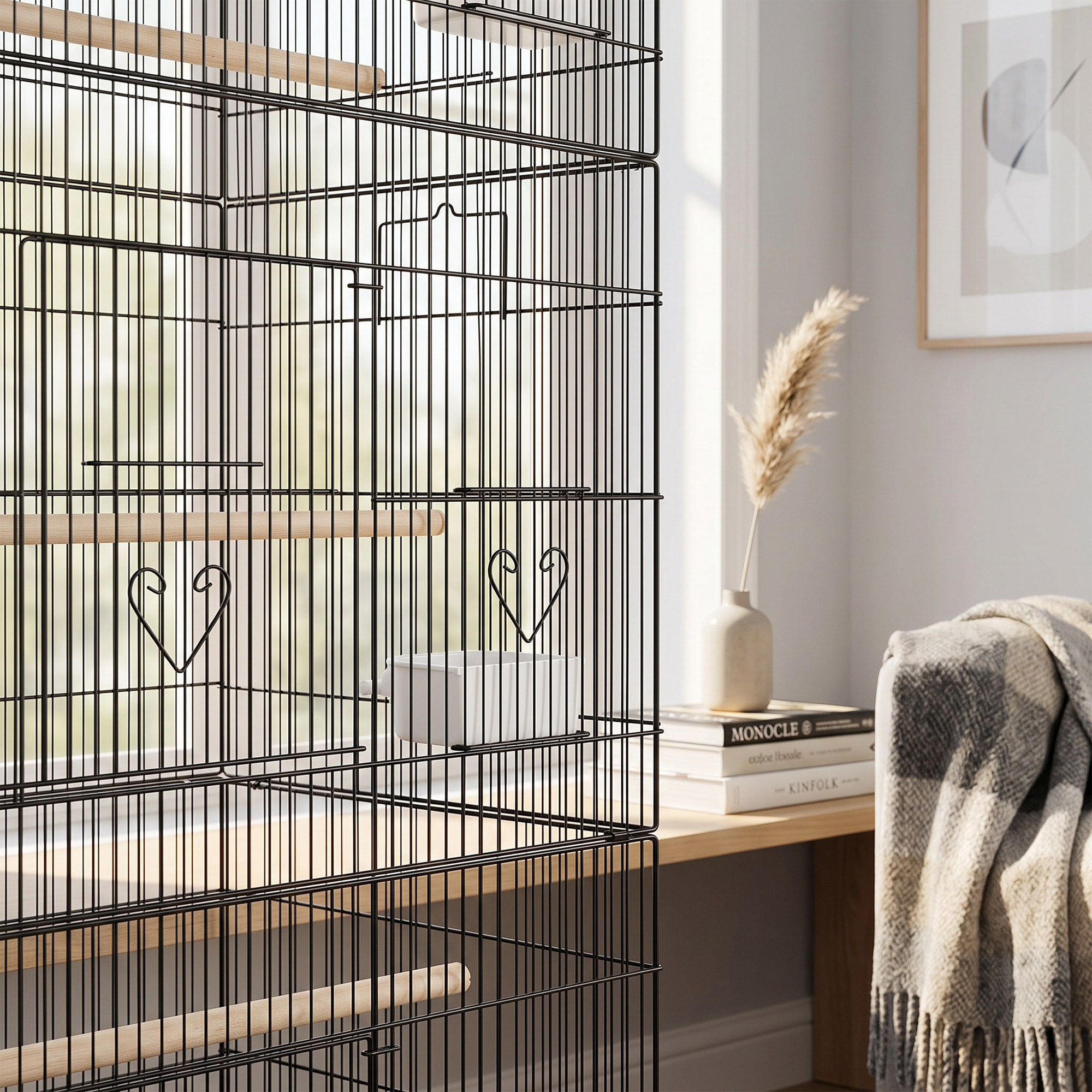 Cage à oiseaux - volière mobile - 3 portes, 10 trappes, mangeoires, perchoirs - noir