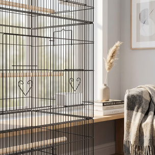 Cage à oiseaux - volière mobile - 3 portes, 10 trappes, mangeoires, perchoirs - noir
