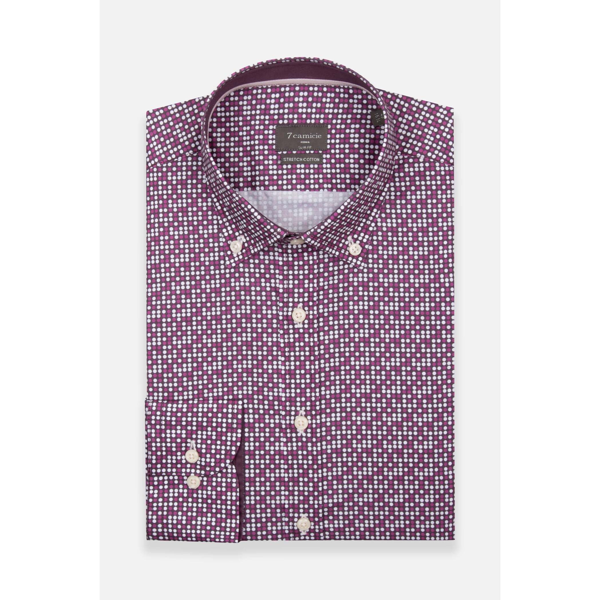 camicia uomo 1 bottone button down slim Popeline Stretch Stampato viola melanzana e viola ciclamino