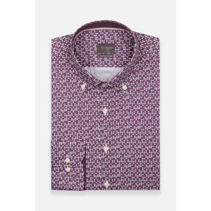 camicia uomo 1 bottone button down slim Popeline Stretch Stampato viola melanzana e viola ciclamino