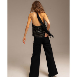 Top plumeti de mujer con escote en pico y lazada al cuello.