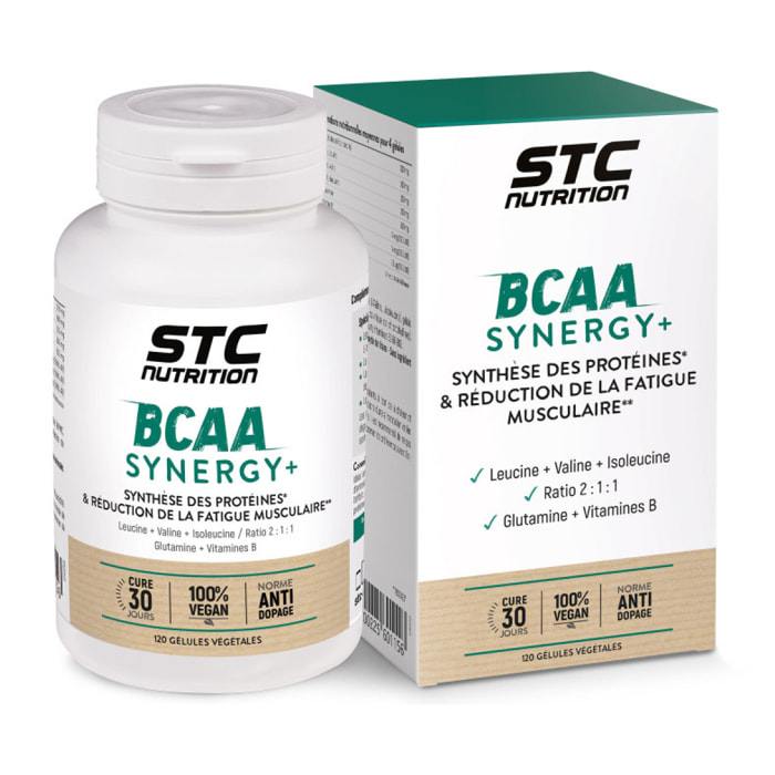 BCAA Synergy+ - Complément alimentaire riche en acides aminés branchés - Augmente la résistance à l'effort — Réduit la fatigue musculaire - Limite les courbatures - 120 gélules