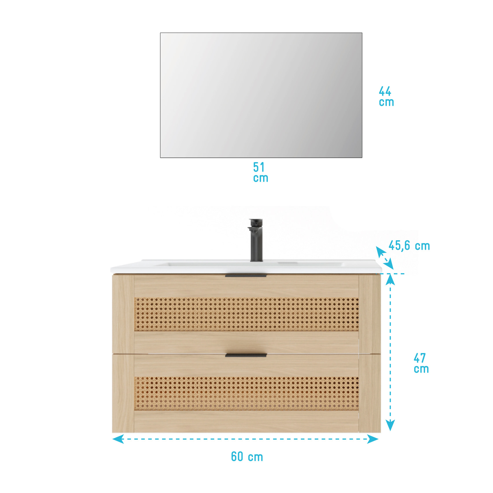 Meuble salle de bain cannage Apolline 60cm décor bois et cannage - 2 tiroirs, vasque et miroir