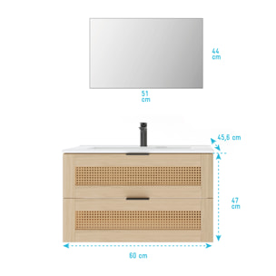 Meuble salle de bain cannage Apolline 60cm décor bois et cannage - 2 tiroirs, vasque et miroir