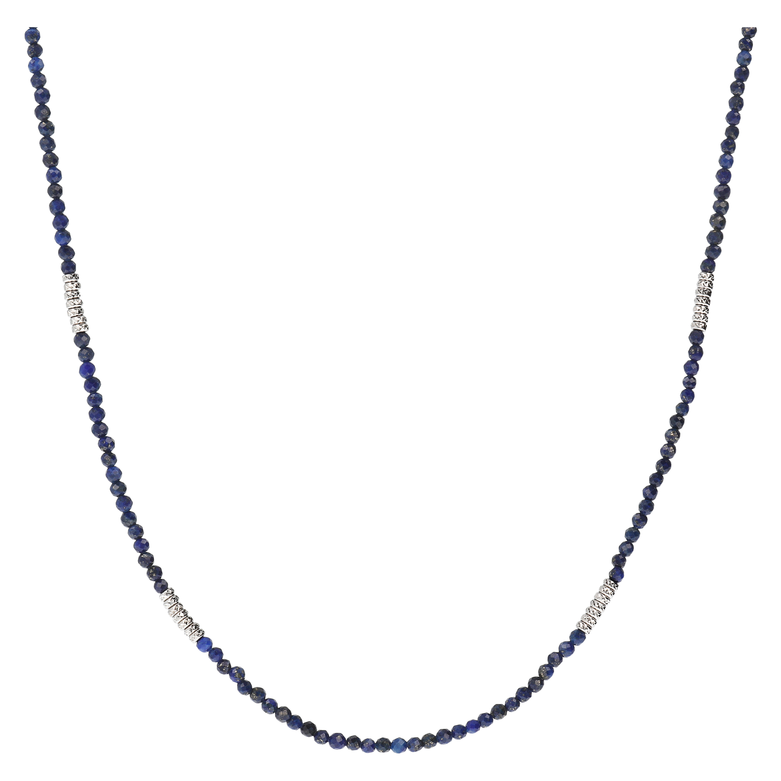 Collana Lunga in Argento 925 placcato Rodio con Rondelle Martellate e Pietra Naturale Sfaccettata Lapislazzuli Blu