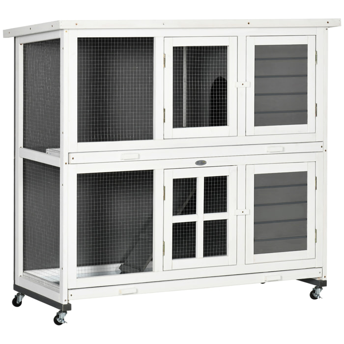 Conejera de Madera de 2 Niveles Jaula para Conejos con Ruedas 2 Puertas Techo Abatible y 2 Bandejas Extraíbles Conejera para Interior y Exterior 119x50,5x109 cm Blanco y Gris