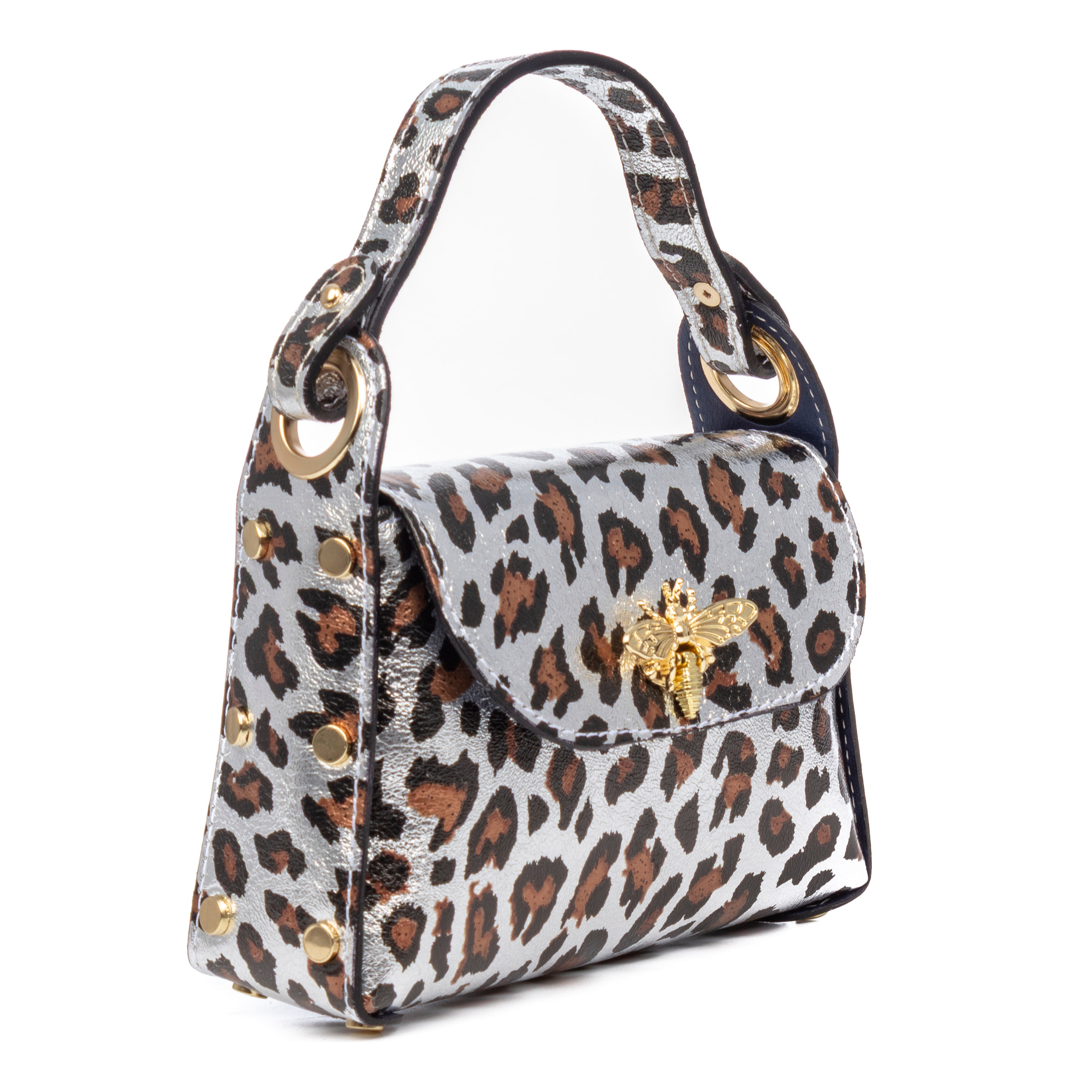Aquileia bolso de mano mujer. Piel auténtica Gamuza con estampado animal print leopardo lacada brillante.