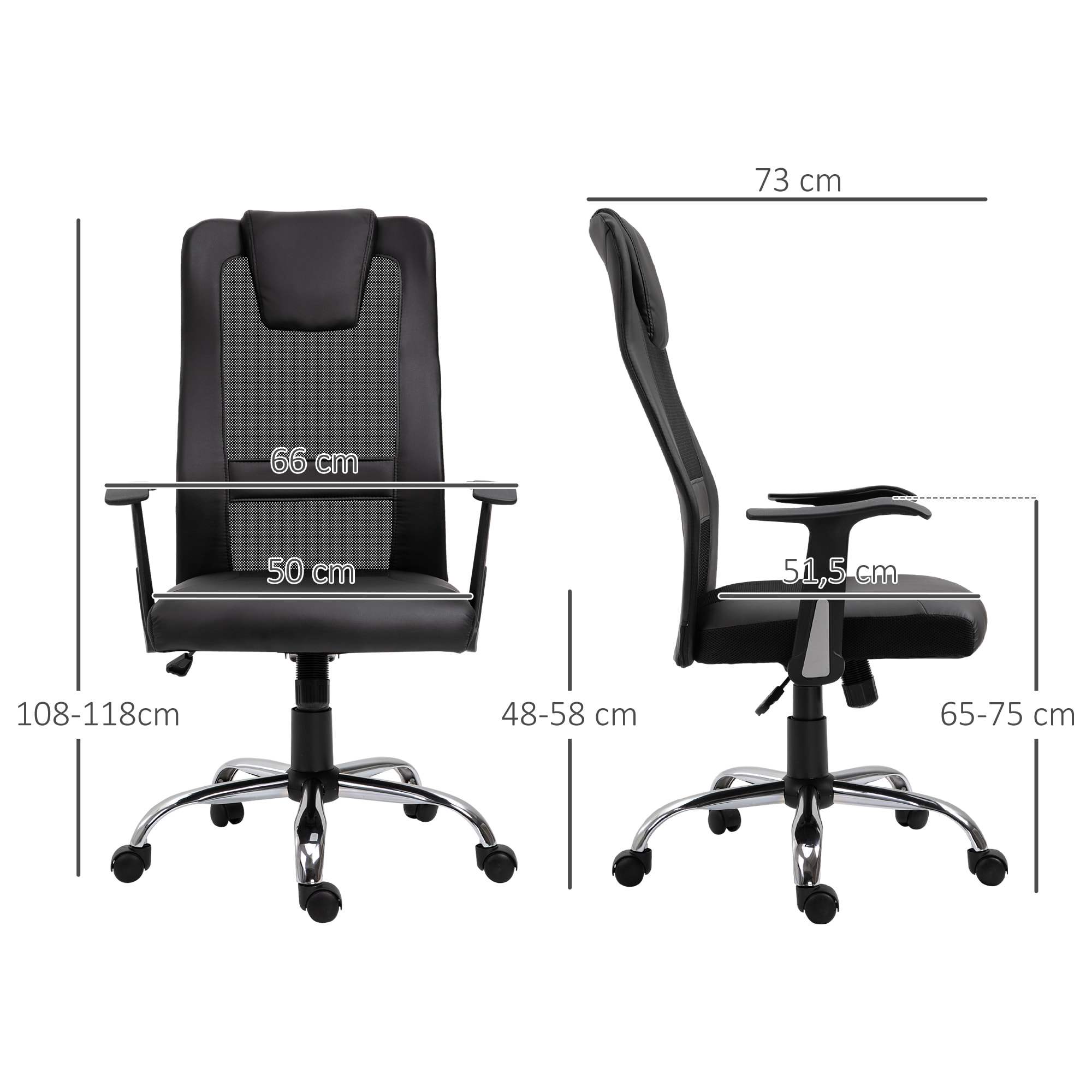 Fauteuil de bureau ergonomique hauteur assise réglable pivotant 360° revêtement synthétique et maille noir