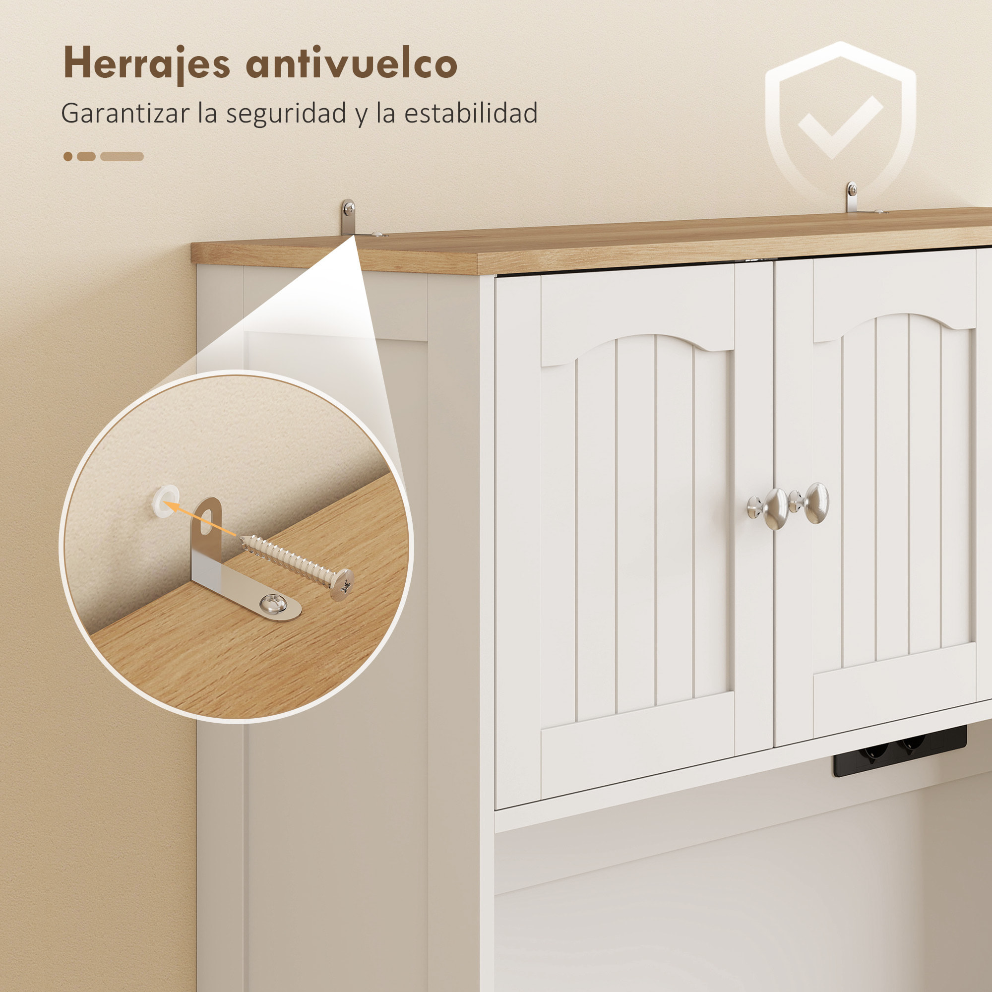 Alacena de Cocina Alta con Estación de Carga, Mueble Auxiliar de Cocina, 6 Puertas, Cajón, Estantes Ajustables, 4 Estantes para Especias, Encimera Amplio, para Comedor, 100x40x173 cm, Blanco