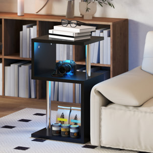 Mesa Auxiliar con Luz LED de 3 Niveles Mesita Auxiliar Moderno con Forma de S Estantes Abiertos y Estructura de Aluminio para Salón Dormitorio 44x38x75 cm Negro Brillo