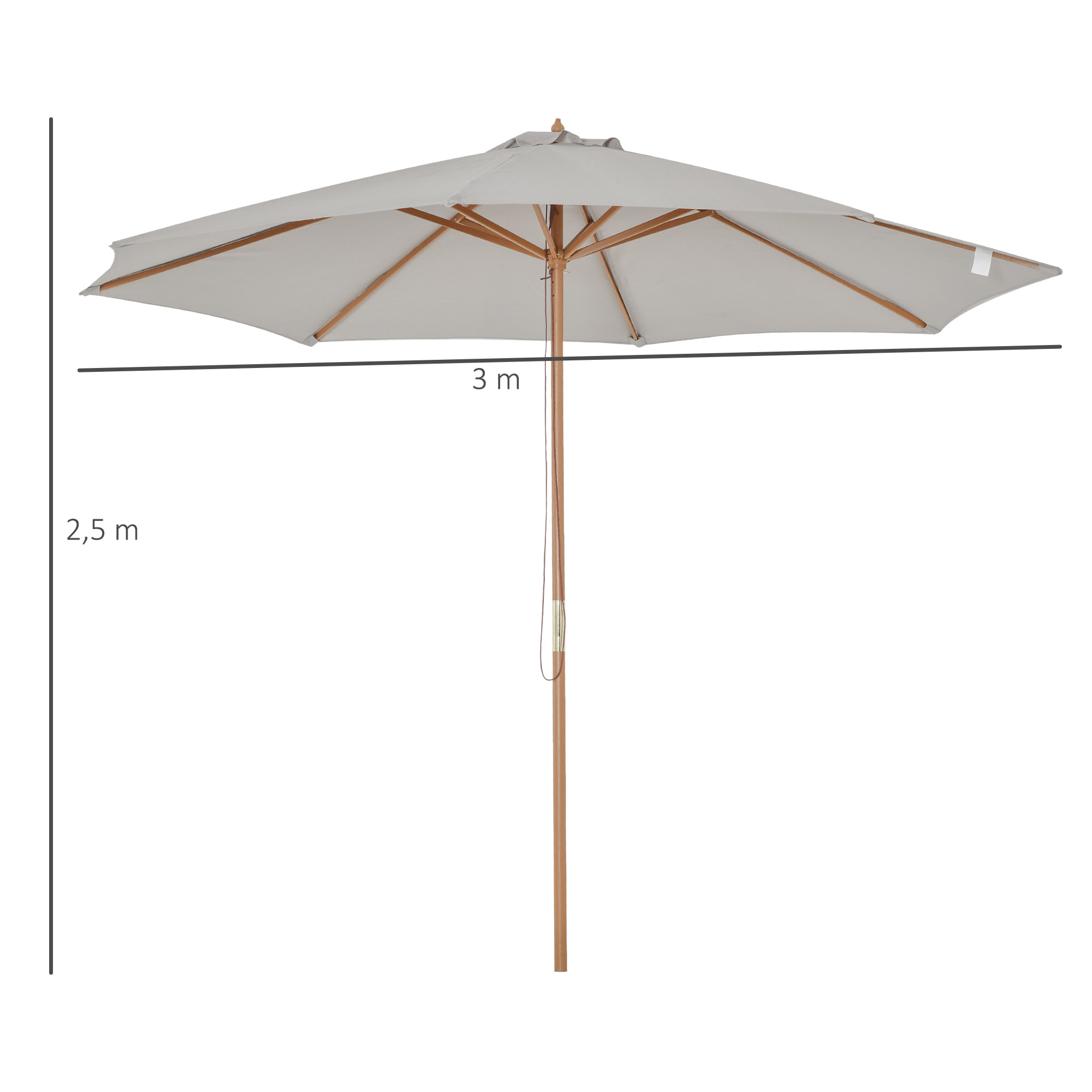 Sombrilla Parasol de Jardín Ø300x250cm con Techo Ventilado y Poste Madera Gris
